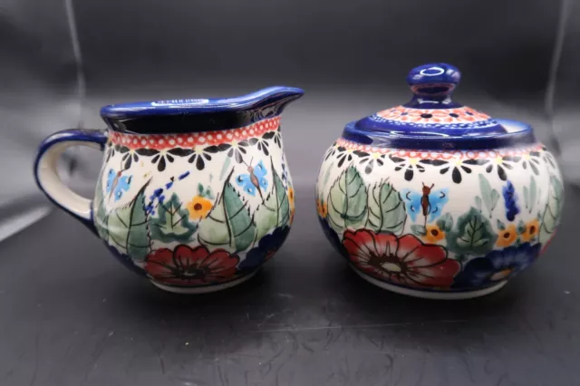 Polish Pottery Sugar bowl and creamer From Zaklady Ceramiczne Boleslawiec Unikat
