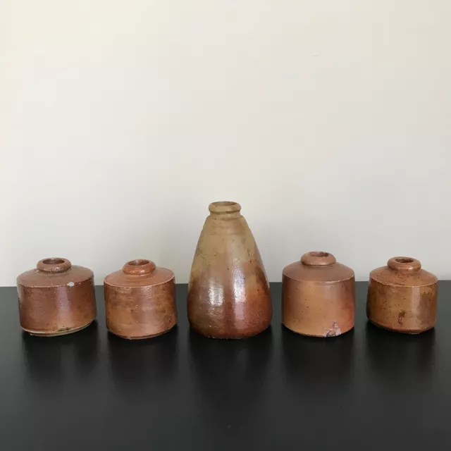 VINTAGE INK WELLS Antique Bottles Stoneware Pots Victorian Vessels x 5