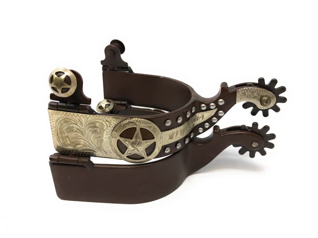 Texas Star Western Show Spurs Silver Concho Engraving Antique Brown Color Mens