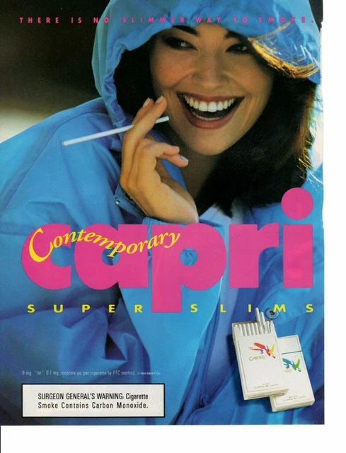 Vintage Print Ad Tobacco Cigarettes CAPRI Slimmest Slim Lady Yellow Gloves 1989