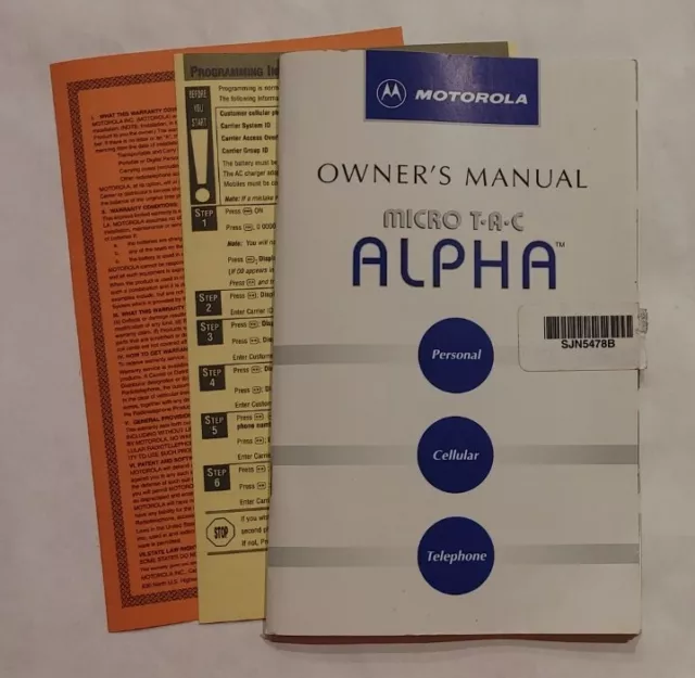 Motorola  Micro Tac Alpha Vintage Personal Cellular Telephone Owner's Manual