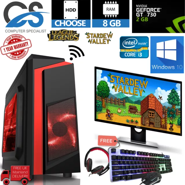 PC Da Gioco Intel Core i3 Monitor Fascio 8GB RAM 1TB HDD GT730 Windows 10 Wi-Fi