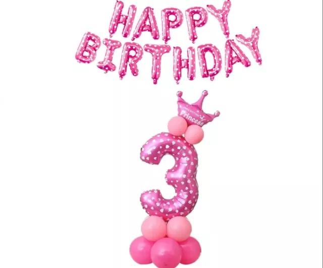 3rd Birthday Girls Balloon Stand Pink Party Decorations Age 3 Kids with Banner