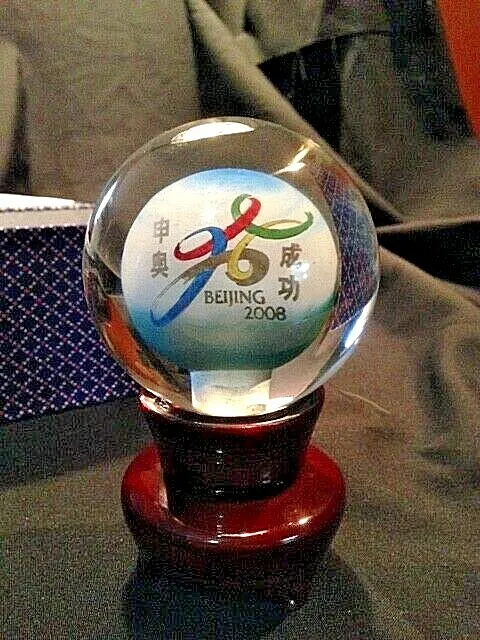 Reverse Hand Painted Glass Globe Ball On Stand 2008 Beijing Olympics Iob Rare