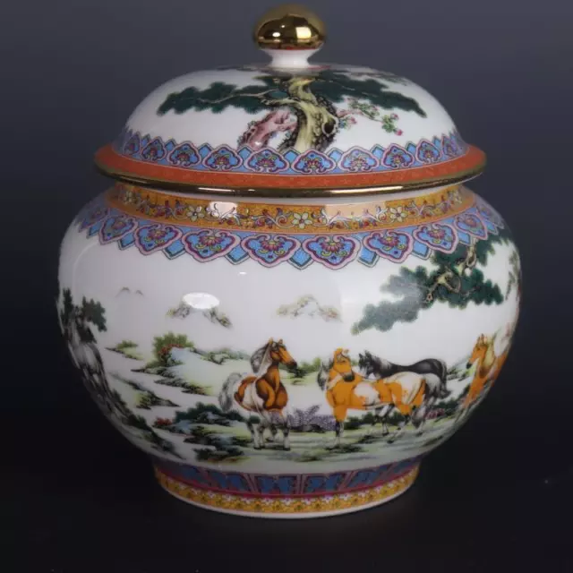Chinese Qing Qianlong Famille Rose Porcelain Pot Horse Pattern Tea Caddy 7.1"