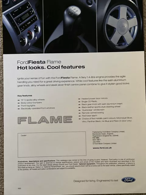 Ford Fiesta Flame Range Sales Info Brochure Frameable 2003 FA1463 2