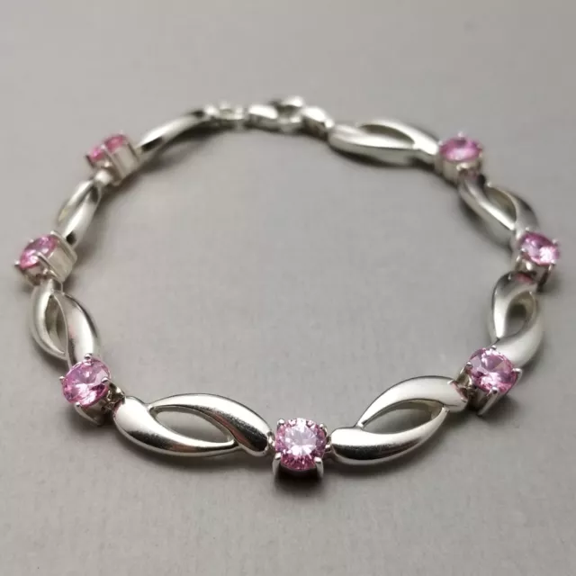 Solid Sterling Silver Pink Stone Bracelet Hallmarked 19cm (7.5") 13.7g