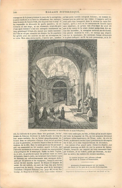 Grotte Chapelle souterraine de Sainte-Rosalie au Mont Pellegrino GRAVURE 1837