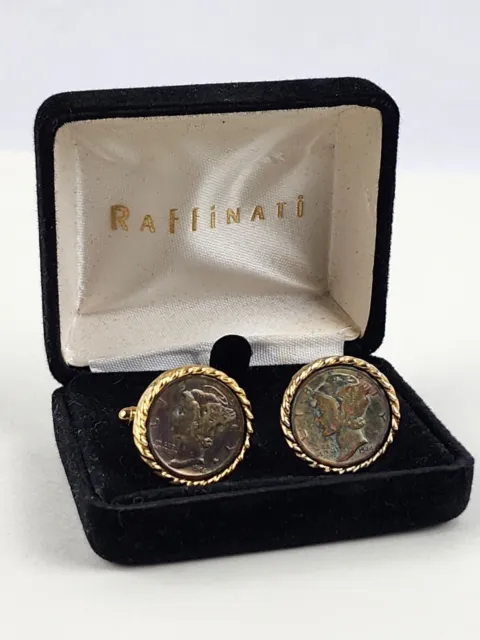 Vintage Raffinati Mercury Dime Cufflinks w/ original box gold tone & toning coin