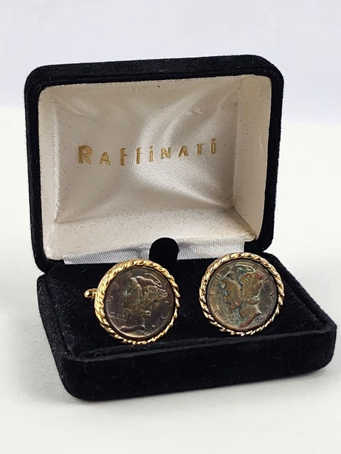 Vintage Raffinati Mercury Dime Cufflinks w/ original box gold tone & toning coin