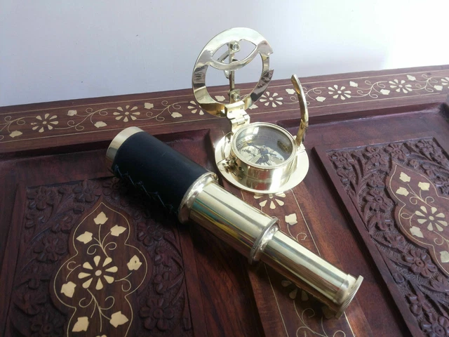 Antique Brass Telescope Leather Grip Brass Sundial Compass Maritime Gift Design
