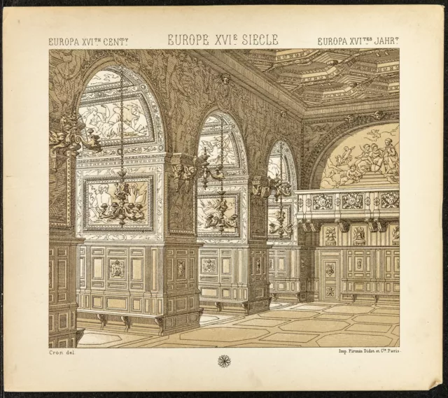 1890 - Castillo De Fontainebleau - Galería De Henri II- Litografía Antigua