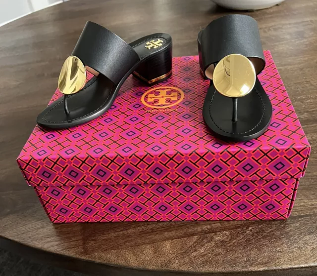 Tory Burch Patos Disc Black Leather Mid Heel Sandals Size 6 New In Box