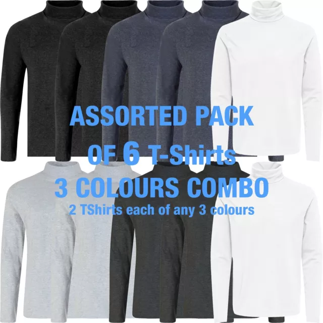 6 PACK Mens T-Shirt Turtle Neck Cotton Plain Long Sleeve Tee Top Multi Gift Set