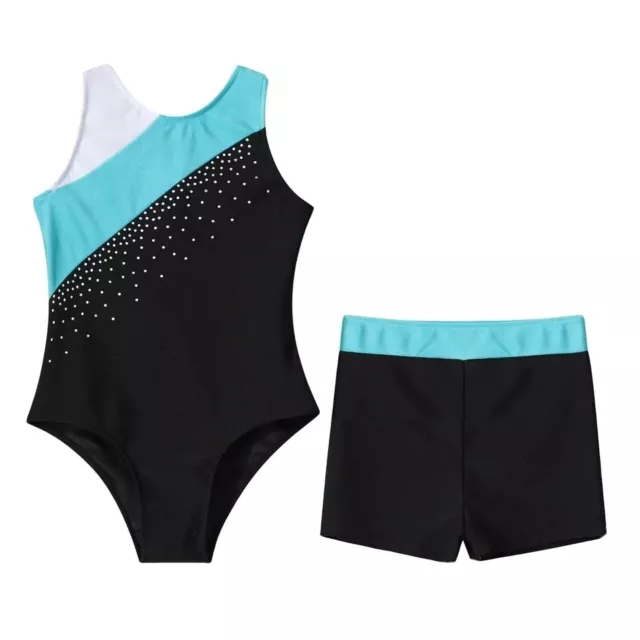 Girls Dance/gymnastics Leotards With Shorts. Black, White And Blue Age 7-8Years