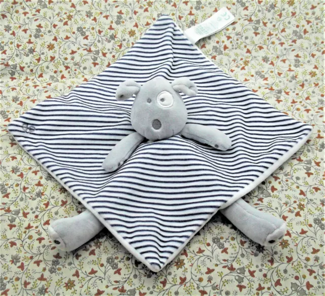 J/ Doudou Obaibi Okaidi Chien Cocard Gris Blanc Bleu Raye Jambes 25/25Cm Neuf!!!