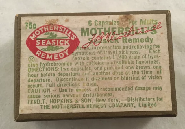 Antique Quack Medicine Mothersill's Seasick Remedy Ferd T. Hopkins & Son Unused