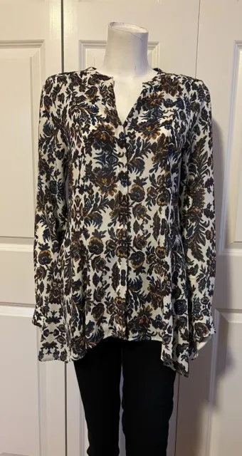 Sanctuary Lost in Paris Blouse Long Sleeve Blue & Brown Floral Size Small