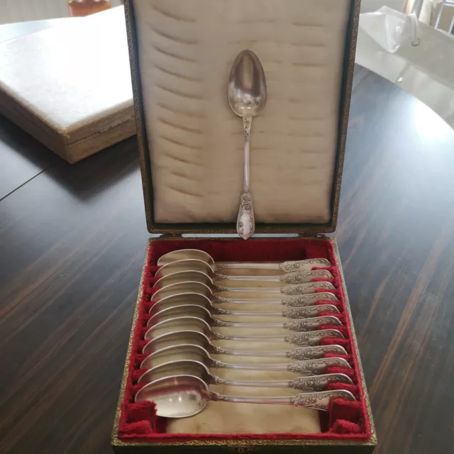Coffret 12 Cuillères À Café Métal Argenté Sfam Floral Louis Xv Marly