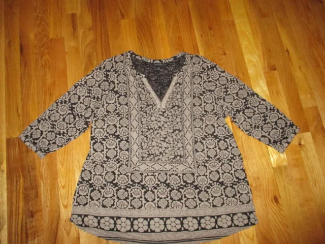 Women's Lucky Brand Black Gray Floral Boho V Neck 3/4 Sleeves Tunic Top Size 1X