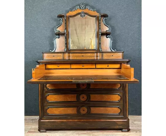 Exceptionnelle commode secrétaire a psyché époque Napoléon III en marquèterie