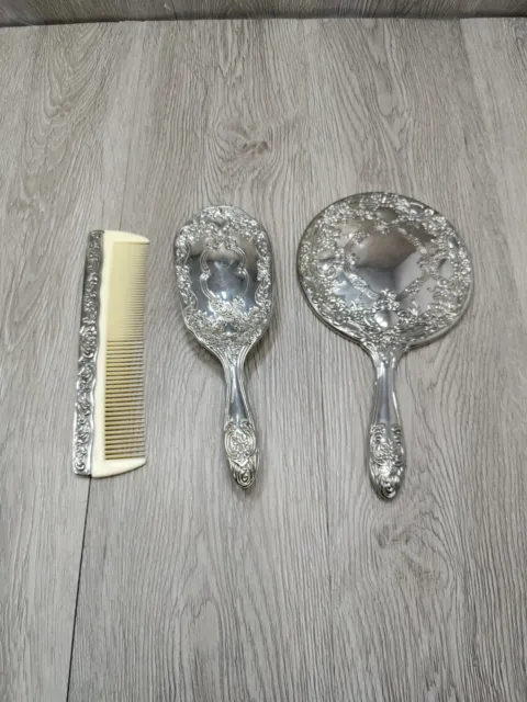 Vintage Silver Plated vanity Beauty set Art Nouveau Floral Mirror Brush And Comb