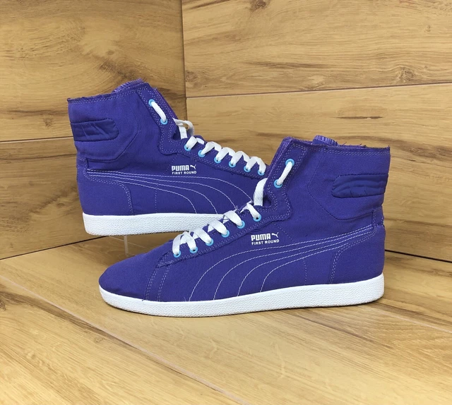 WOMENS PUMA FIRST Round Purple Canvas High Top Trainers Size Uk