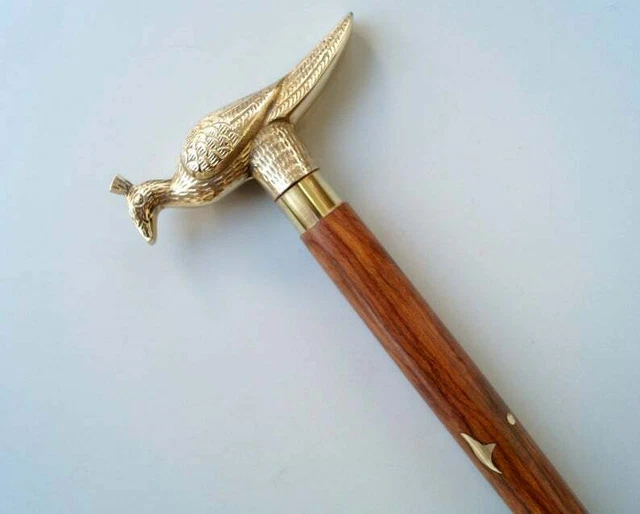 Nautical Brass Finish Handmade Peacock Wooden Brown Walking Stick / Cane