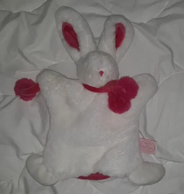 Doudou et Compagnie lapin marionnette blanc et framboise en TTBE