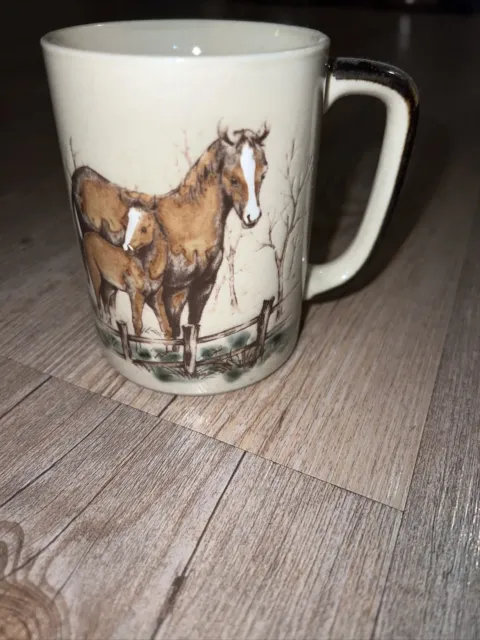 Vintage Otagiri horse mug Ceramic Coffee Cup Mare & Foal Colt Raised Pattern