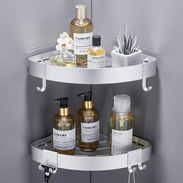 Mensola Da Bagno Adesiva Grigia - Senza Foratura, Per Doccia, Portaoggetti Con Gancio