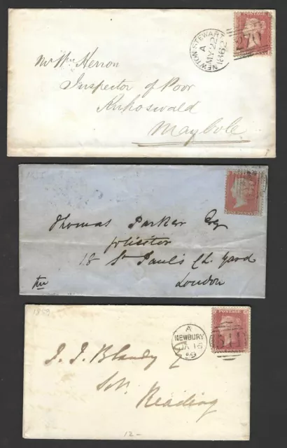 Uk Gb 1859 Three Neat Town Covers Franked Penny Reds