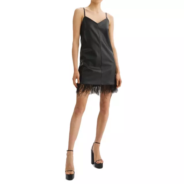 Lamarque Mollie Women's Faux Leather Feather Trim Sleeveless Slip Dress