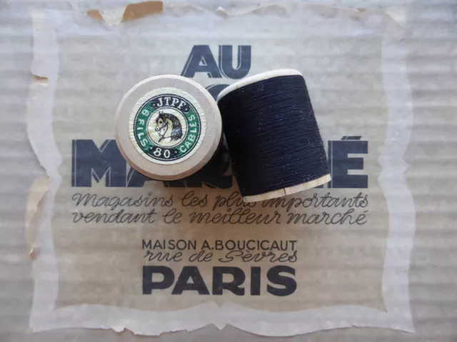 MERCERIE ANCIENNE-BOBINE en BOIS FIL NOIR 80-457m-Cablé 6 fils THIRIEZ LILLE
