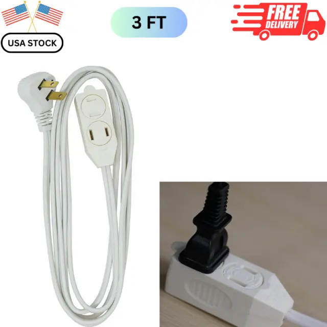 3ft Flat Plug Extension Cord Right Angled16 Gauge 3 Outlets 125V Space-Saving