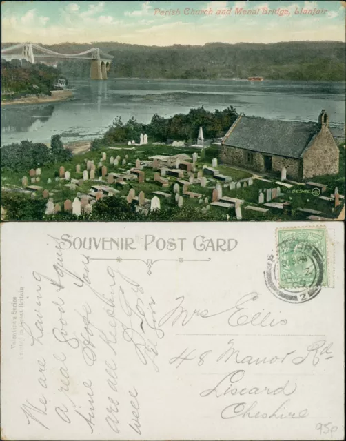 Parish Chruch And Menai Bridge Llanfair GB 1909 Cancel Valentines Series