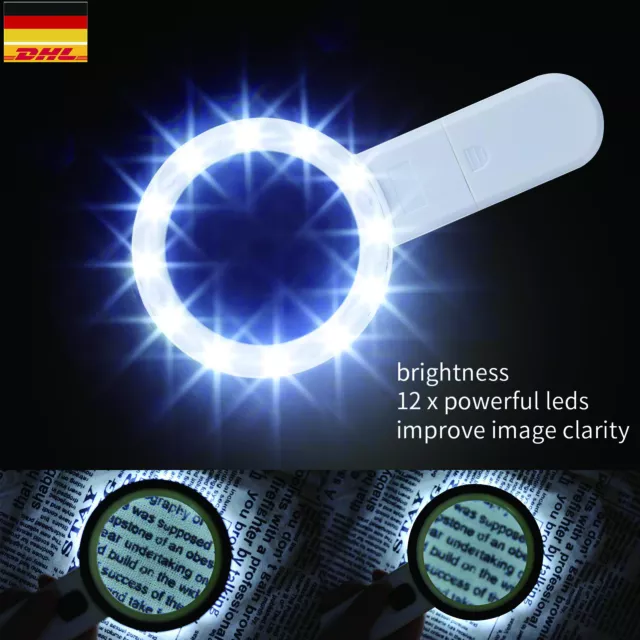 30X Große LED Handlupe mit Licht 30x Fach Vergrößerung Beleuchtete Leselupe DHL