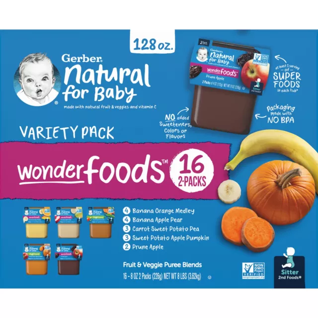 Gerber 2nd Foods Natural for Baby WonderFoods Baby Food, Variety Pack, 4 oz Tubs