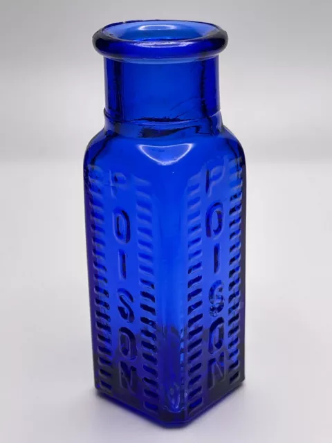 Cobalt Blue Square Poison Bottle Embossed POISON on 2 sides 2.5" tall (f)