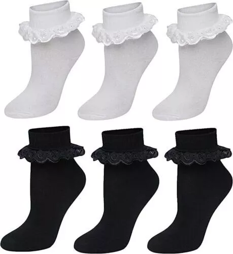3 Pairs Lace Socks Girls Kids Frilly Ankle Cotton White Black  School All Sizes