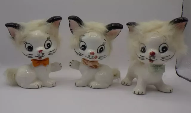 Vintage Mid-Century Fur Lined Ceramic Kitten figurines Made in JAPAN!