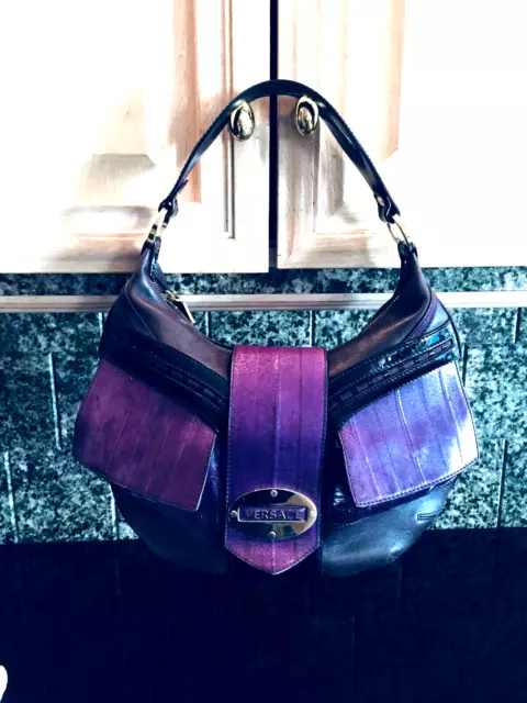 Gianni Versace Two Tone Purple Leather Handbag w/Single Strap & Gold Accents