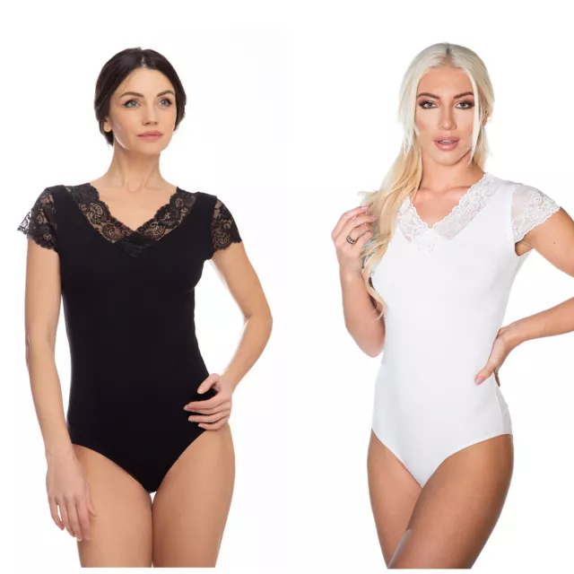 Evoni Damen Body Kurzarmbody Spitzenärmel