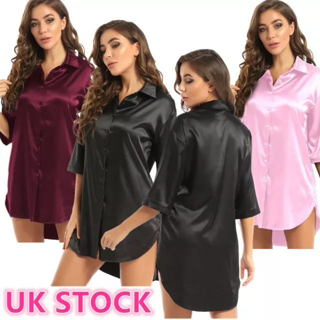 UK Women Men Satin Night Shirt Dress Turn-Down Collar Nightgown Nightdress,Sleep