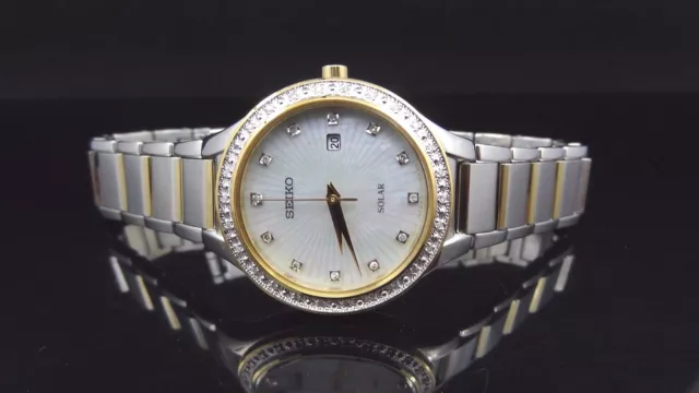 Seiko SUT136 Two Tone Solar Diamond Mother of Pearl Dial Date Womens Watch $575 2