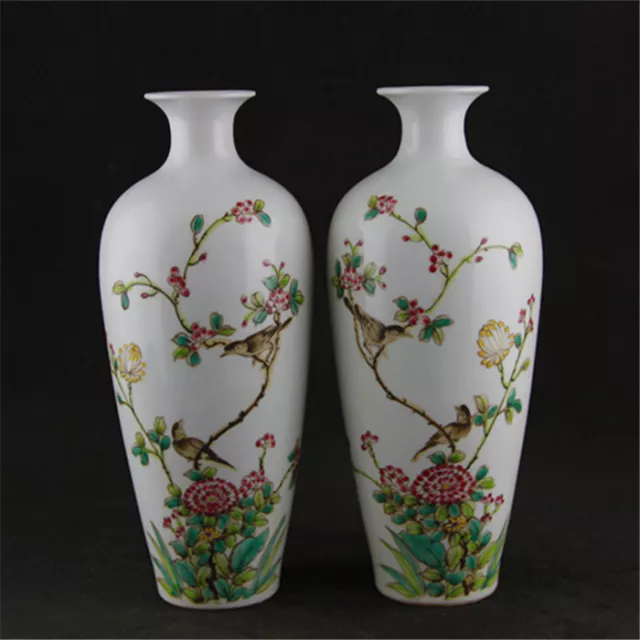 10” Chinese Porcelain Qing Qianlong Famille Rose Flowers Birds Pulm Vase A Pair