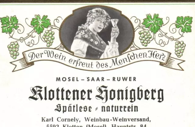 Klottener Sonnenberg 1950s-1960s Mosel Saar Ruwer German Wine Label 2