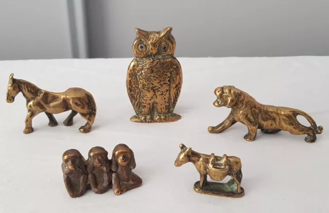 Vintage Brass Animal Ornaments - 5 Figures Big Cat, Monkeys, Owl, Horse, Donkey