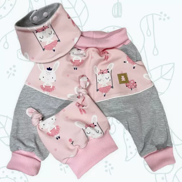 Set Bébé 3teilig Pantalon Bouffant Bonnet Écharpe Fait Main à Nœud Babykleidung