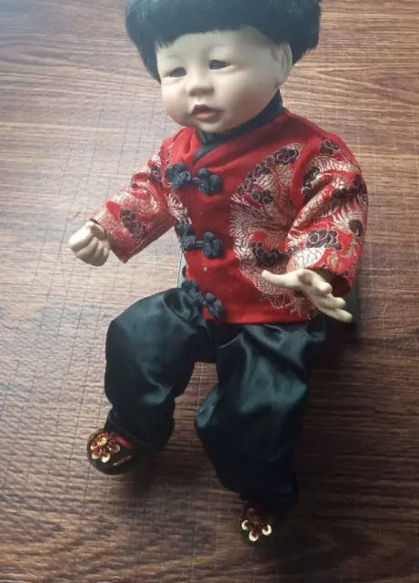 Fabulous Vintage 1989 Bisque Asian Chen Doll With Gong Signed Kathy Hippensteel